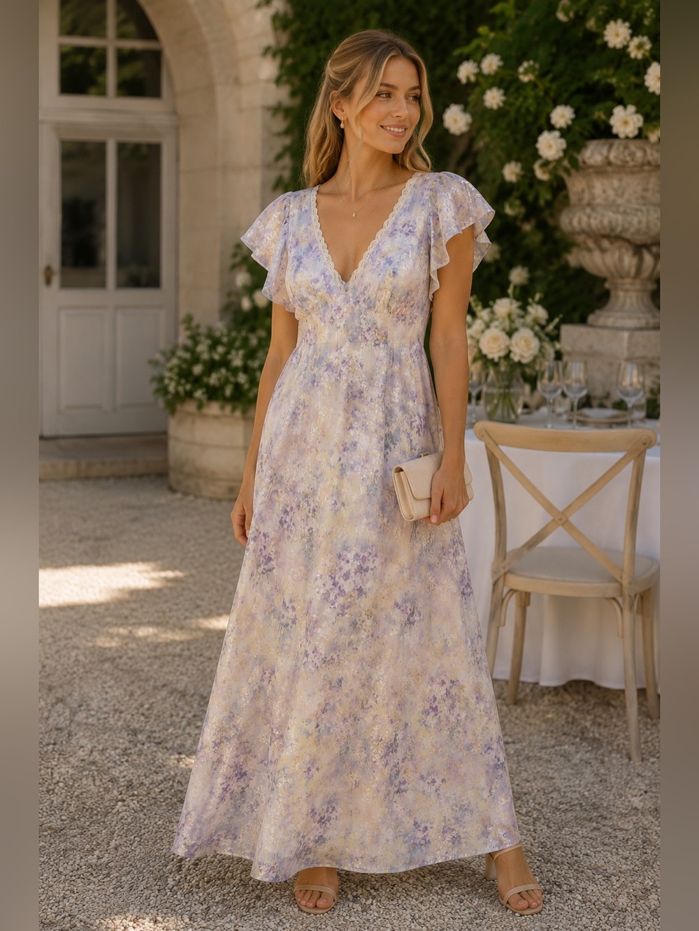 Storia Lavender & Cream Floral V-Neck Maxi Dress